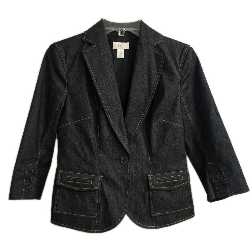Ann Taylor Loft Denim Jacket Blazer Dark Wash Fitted Stretch Sz 0 Lined  Pockets